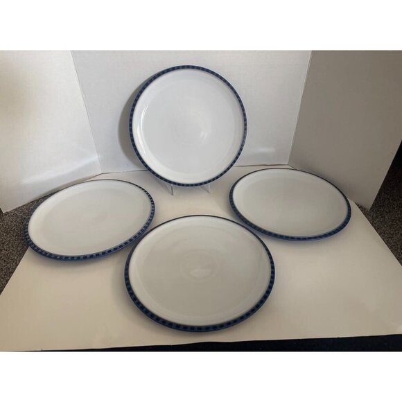 DENBY Reflex Dinner Plates White on Blue 10.5” England Set of 4 Plates Stoneware - Picture 1 of 4